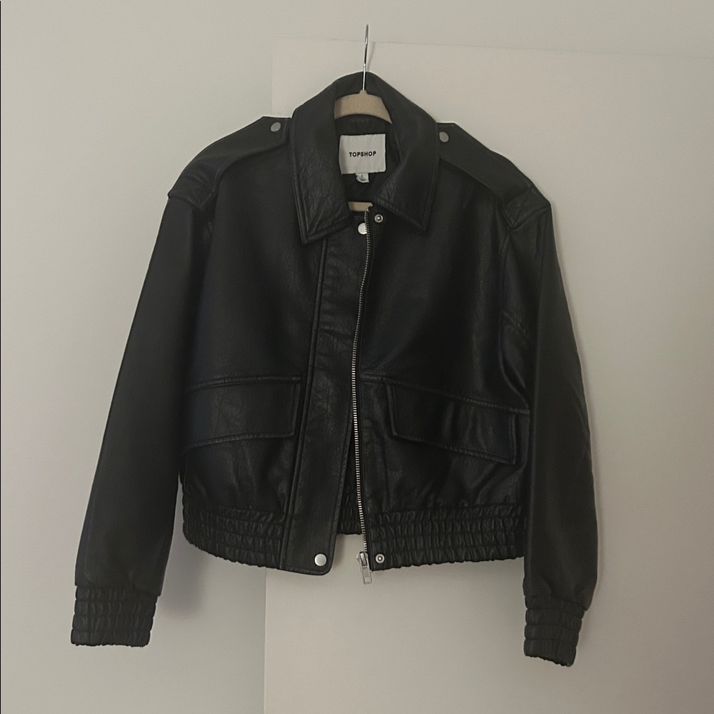 Topshop Black Faux Leather Bomber Jacket